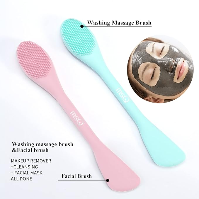 MSQ Silicone Face Mask Brush, Soft Facial Cleansing Scrubber, 2 Pack Double-End Facial Mask Brush for Mud, Clay, Charcoal Mixed Mask, DIY, Skincare Applicator Tools (Pink)