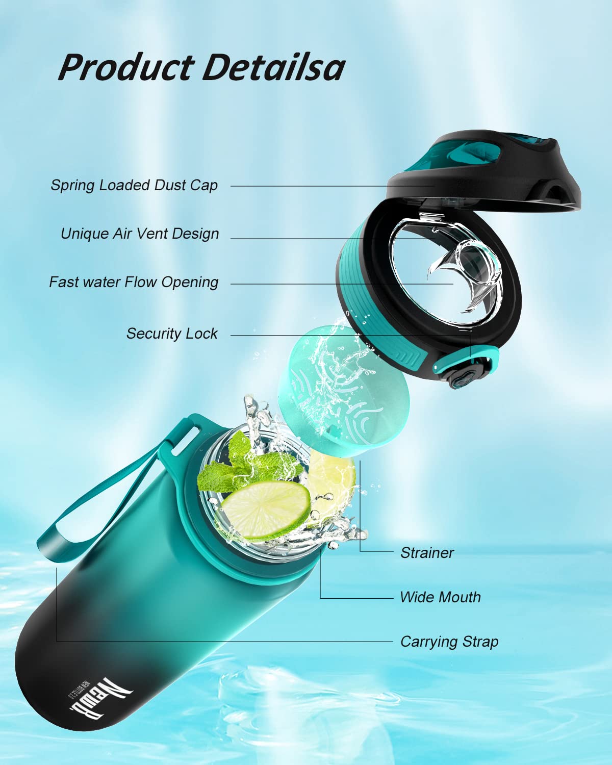 Pluralla One Touch Sport Water Bottle (Pack of 1) with Carry Handle, Leak Proof, Flip Top Lid, BPA Free, Tritan Material Water Bottle, Ideal Gift for Travel, Gym and Outdoor Fitness | 22 oz, 34 oz