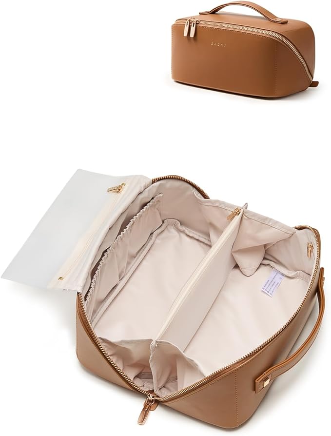 EACHY Travel Makeup Bag, Large Capacity Cosmetic Bag for Women, Waterproof PU Leather, Flat Open Portable Toiletry Bag for Skincare, Brushes & Travel Essentials