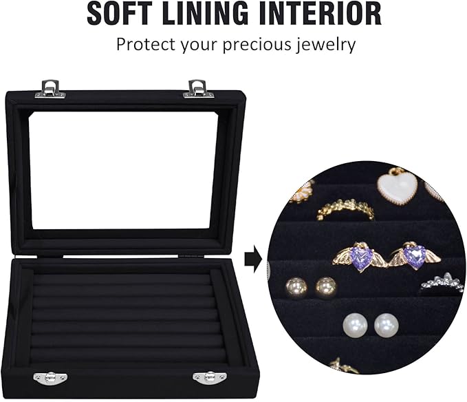 Rings Organizer Tray 7 Slots Velvet Jewelry Earring Storage Box with Transparent lid Jewelry Display Case for Girls Wife Mom Women (Black)