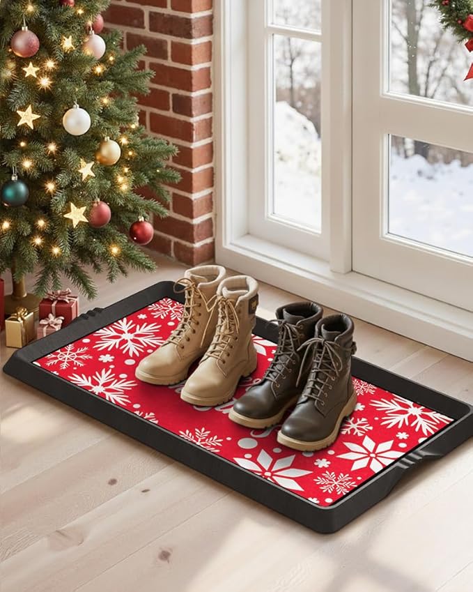 Christmas Boot Tray Mat - Heavy Duty Snow & Water Catch Tray, Waterproof Rubber Shoe Mat with Lip for Entryway, Indoor & Outdoor Holiday Decor Storage (16"x27.5")