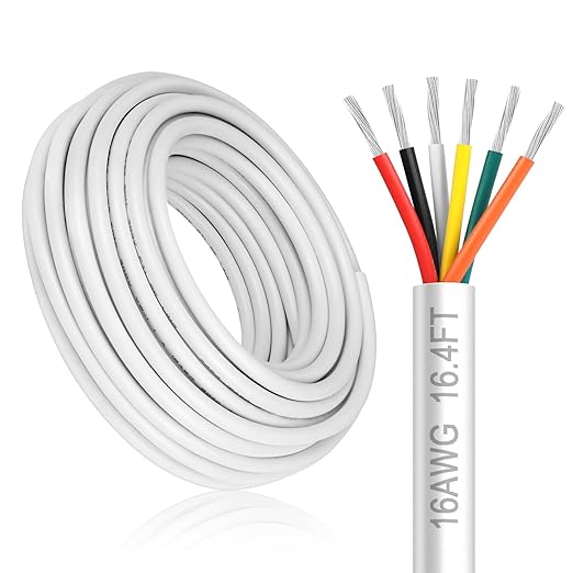 16 Gauge 6 Conductor Electrical Wire, 16.4FT White Stranded Low Voltage 16/6 PVC Case, 16 AWG Tinned Copper 6 Wire Extension Power Cable for Strips LED Lamp Lighting