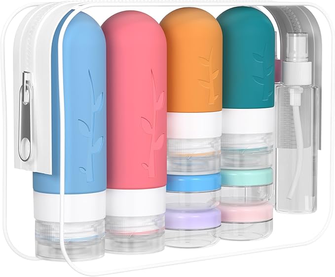 Travel Bottles Kit (16 Pack) - TSA Approved, Leak Proof Silicone Squeezable Containers for Toiletries. Complete Set with Jars, Sprayers & Bag (Coastal Hues)