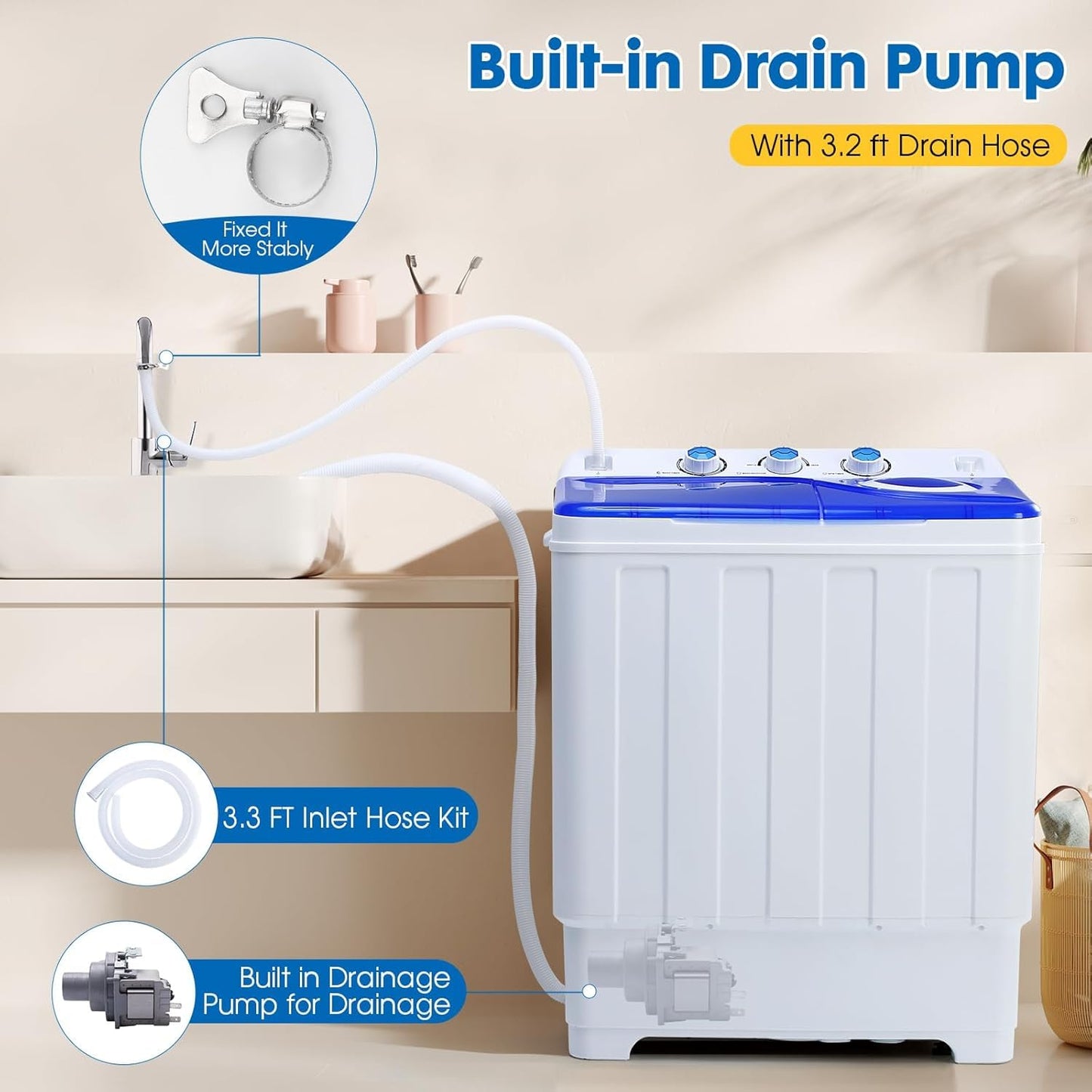 PLENTORA Portable Washing Machine, 28lbs Twin Tub with Drain Pump and Hose, 18lbs Wash 10lbs Spin Cycle, Compact Semi-Automatic Washer and Spinner Combo for Apartments, Dorms, RVs, Camping, Navy