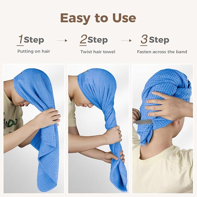 HOMEXCEL 2 Pack Large Microfiber Hair Towels Waffle Weave- 40 x 26.5 inches Fast Drying Turbans for Long, Thick, Curly Hair - Anti Frizz Wrap with Elastic Strap, Blue/Pink