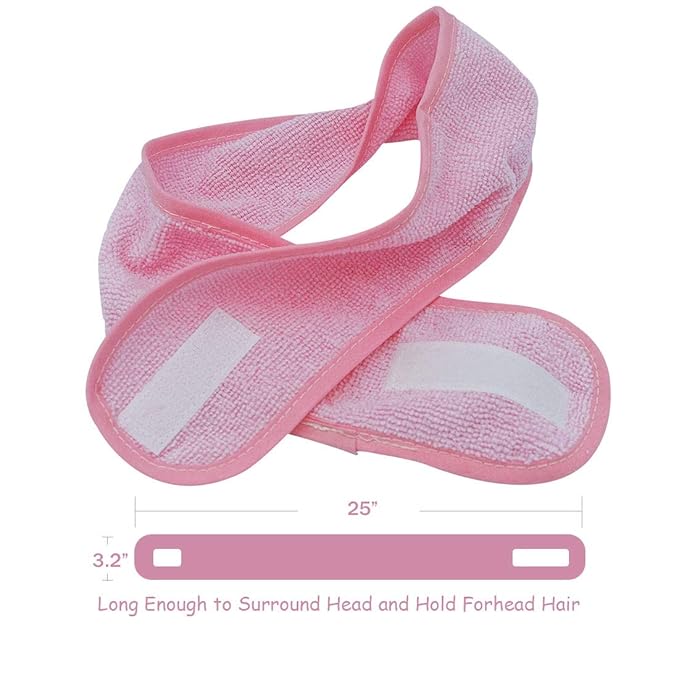 (3 Pack Adjustable Facial Makeup Headband with Magic Tape Super Absorption Microfiber Terry Cloth Sweat-Absorbent Spa Headband Facial Washing Wrap Yoga Sports Hairband (Microfiber Pink)