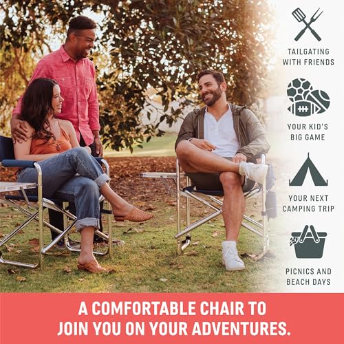 PICNIC TIME Sports Chair with Side Table, Outdoor Foldable Padded Adult Camping Chairs with Cup and Accessory Panel for Lawn, Beach, & Sports Use for Adults, up to 300-lbs Capacity, (Black)