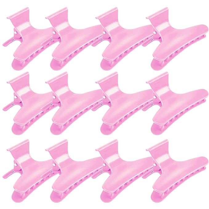 Hair Clips for Styling and Sectioning - 12 Pack Pink Butterfly Clamps for Hair Conditioning, Blow Drying, Cutting, Coloring