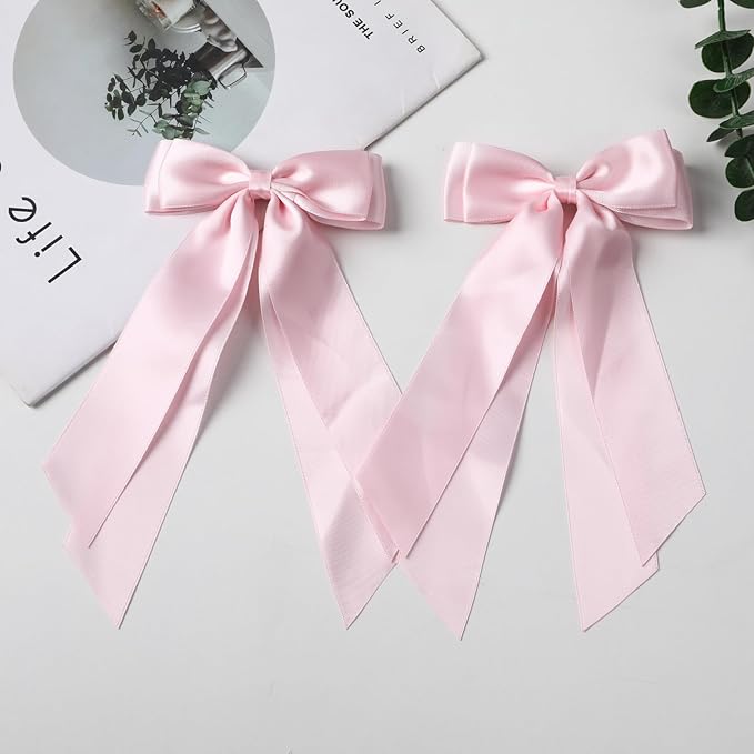 LuSeren 2 PCS Double Layer Hair Bows Pink Hair Ribbon Clips Ponytail Holder Accessories for Women Girls Toddlers Teens Kids