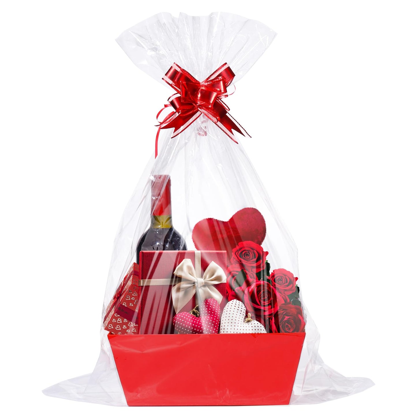 MADHOLLY 6Set Baskets for Gifts Empty- Sturdy Kraft Gift Basket Kit with Cellophane Wrap and Pull Bows for Valentine's Day Anniversary Wedding Holiday Gift Celebration Wrapping, Red