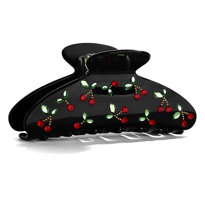 LILIE&WHITE Acrylic Hair Clips For Women Black Claw Clips With The Rhinestone Pattern In Red Cherry Hair Clip With Claw For Thick Hair Strong Hair Fix Claw Clips