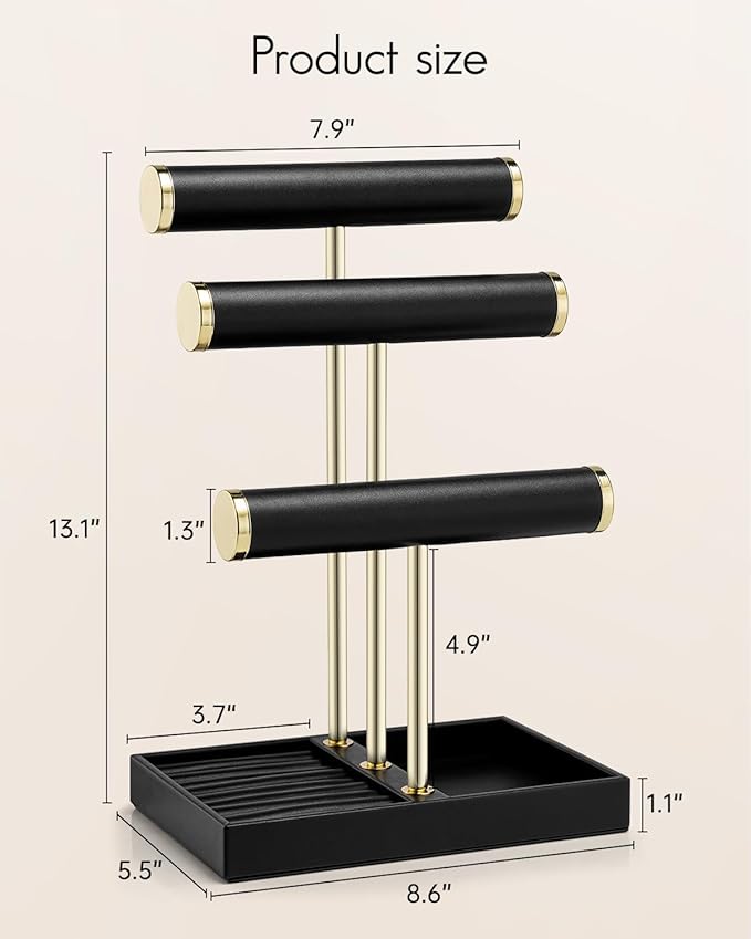 VLANDO 3 Tier Bracelet Holder Organizer with Tray - Leather Jewelry Stand Organizer for Women - Jewelry Holder Display for Necklace, Watches, Rings, Earrings, Bangle, Scrunchie - Black