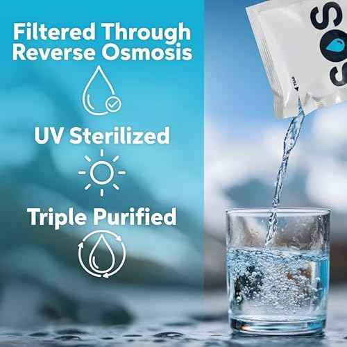 SOS Food Lab Emergency Water Pouches - 2 Gallons (62 Count, 4.2 Fl Oz Each) - Triple Purified, UV Sterilized Filtered Drinking Water for Disaster & Survival Kits - 5 Year Shelf Life, US Navy Approved