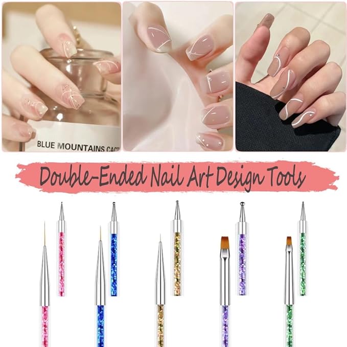 AIBEE Nail Art Brushes, 5pcs Double-Ended Acrylic Nail Brush Including 7/9/11mm Nail Liner Brush Flat Brushes and Nail Dotting Tools for Nail Art Design