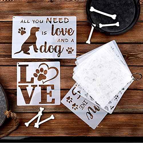 Outus 11 Pieces Dog Paw Print Stencils Trail of Paw Prints Stencil Love Dog Reusable Painting Templates with Metal Open Ring for DIY Scrapbooks Painting on Wood Wall Home Supplies