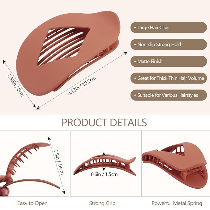 Large Flat Round Hair Clips Oval Claw Clips for Thick Medium Thin Hair 6Pcs Non Slip Strong Hold Barrettes Duckbill Accessories for Women Girls Matte Solid Neutral Color