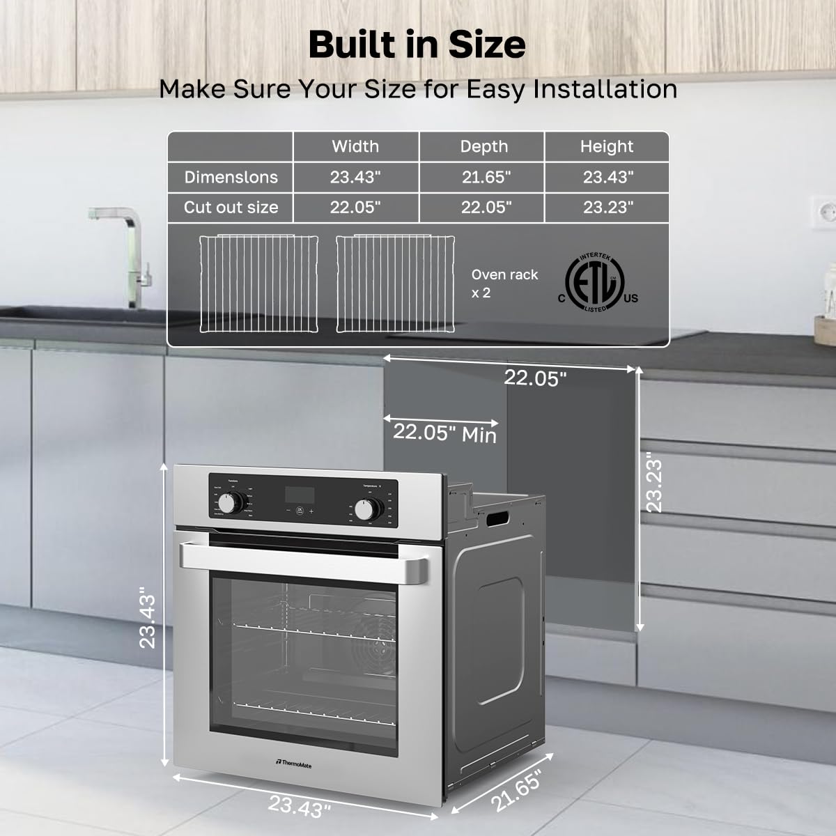 24 Inch Electric Wall Oven, ETL Certified, ThermoMate Built-in Oven with 2.6 Cu.ft Capacity, 9 Working Functions, Sensor Touch Control, Anti-Mistouch Knob, Stainless Steel