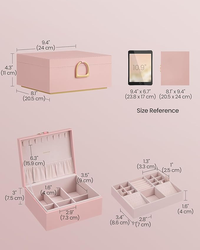 SONGMICS 2-Layer Jewelry Box, Jewelry Organizer with Handle, Removable Jewelry Tray, Jewelry Storage, Floating Effect, 8.1 x 9.4 x 4.3 Inches, Gift Idea, Jelly Pink UJBC165R01