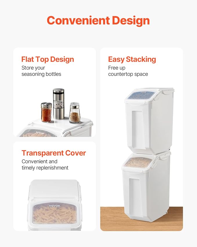 VEVOR Rice Storage Container, 4.5Gallon/20L x2 Capacity Large Dog Food Dispenser Bin, Kitchen Ingredient Grain Cereal Flour Bin, Pet food Containers with Wheels, 2 Measuring Cups, Airtight Lid, 2 Pack