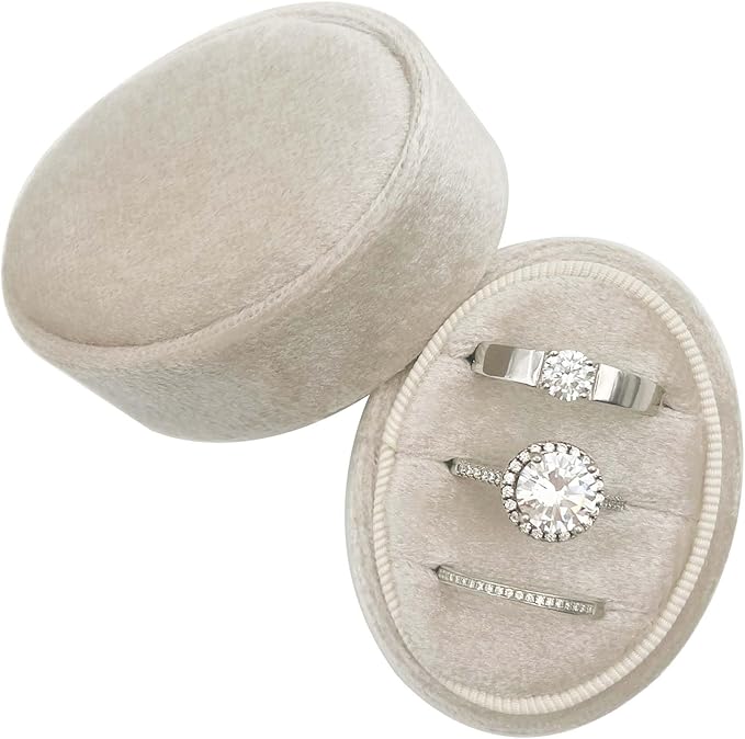 Velvet Oval Ring Box 3 Slots - Premium Wedding Three Rings Box Holder Vintage Handmade Storage Jewelry Organizer for Proposal, Engagement, Wedding Ceremony, Christmas (Beige)