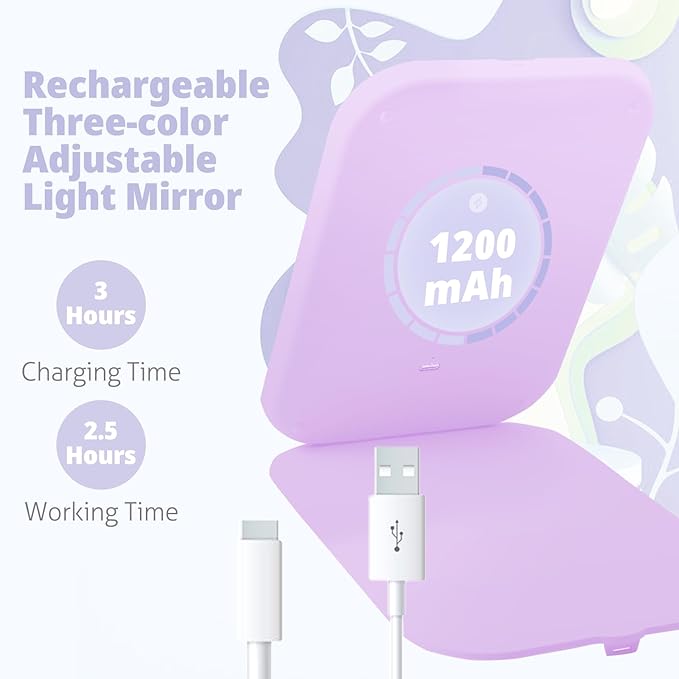 Travel Makeup Mirror, Portable Mirror with 3 Adjustable Light Settings, USB-Rechargeable Vanity Mirror with Lights, Gift for Women and Girls (Purple)