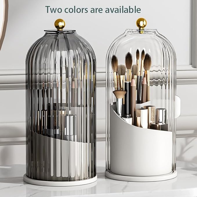 360°Rotating Makeup Brushes holder with Lid, Make Up Organizers and Storage for Vanity Countertop or Bedroom Dresser（Transparent black）