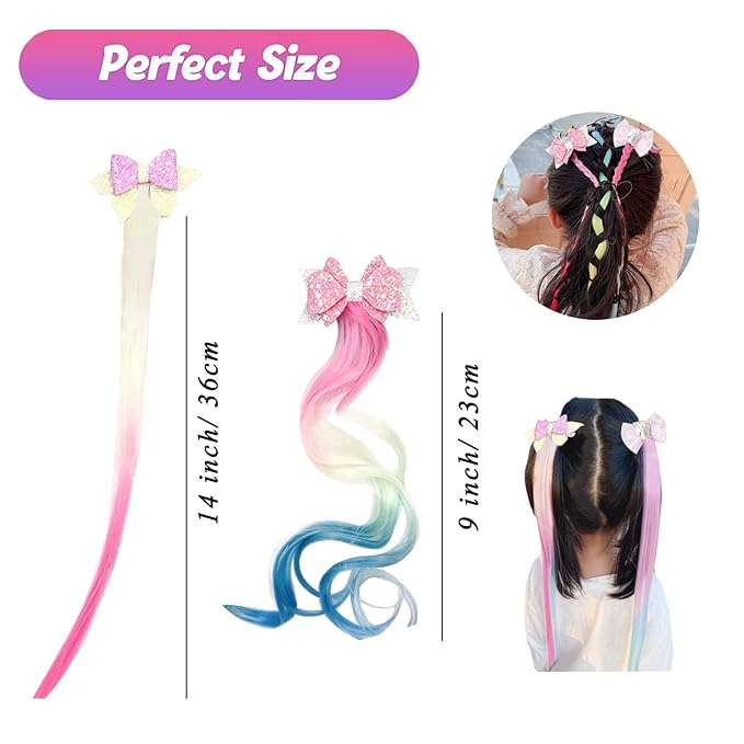 7 Pieces Hair Clips for Girls, Bow Curly Hair Extensions for Kids, Straight Little Girl Hair Clips Accessories for Ponytails Princess Dress-Up