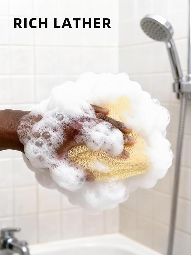 Cleangor 2Pcs African Net Sponge Authentic with Knots - Exfoliating Body Scrubber for All Skin Types, African Bath Sponge, Wash Cloth, Gentle Exfoliation Shower Rag for Women Daily Use (Linen & Brown)