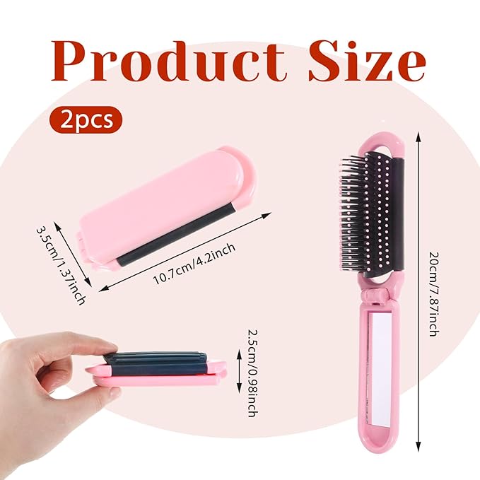 Foldable Hair Brush with Mirror, 2 Pcs Portable Travel Hairbrush Anti-static Mini Hair Brush Pocket Size Compact Massage Comb Hairstyling Tools for Women Girls Home Travel Gym Purse (Pink, Blue)