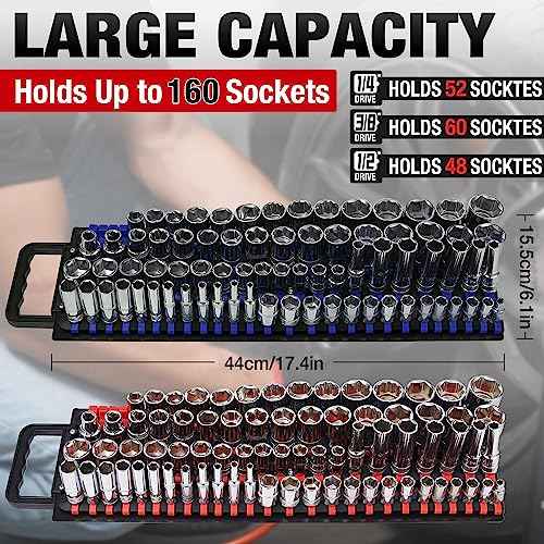 ALOANES 160-Piece Portable Socket Organizer Steel Tray, Heavy Duty Socket Holders with Handle, Socket Rack, 1/4-Inch x52 Clips, 3/8-Inch x 60 Clips, 1/2-Inch x 48 Clips, 2Packs Set (Blue&Red)