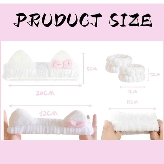 Cute Spa Headband and Wristband Set for Women Kawaii Ear White Makeup Headband for Washing Face (3PCS, White)