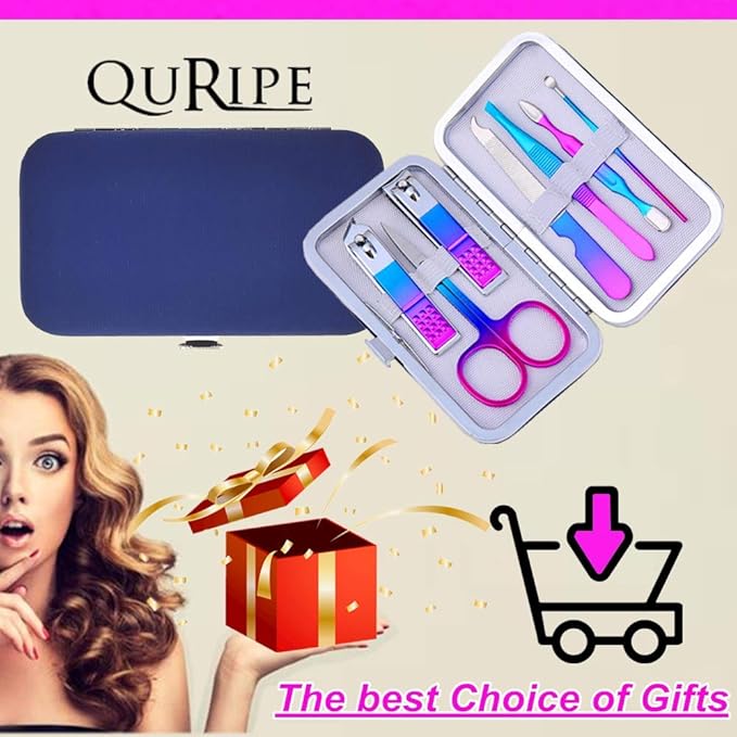 QURIPE 7pcs Manicure Set, Nail Clippers Kit, Stainless Steel Manicure Kit, Nail Clipping Tools Portable Travel Grooming Kit, The Best Gift with Luxurious Case(Multicolor)