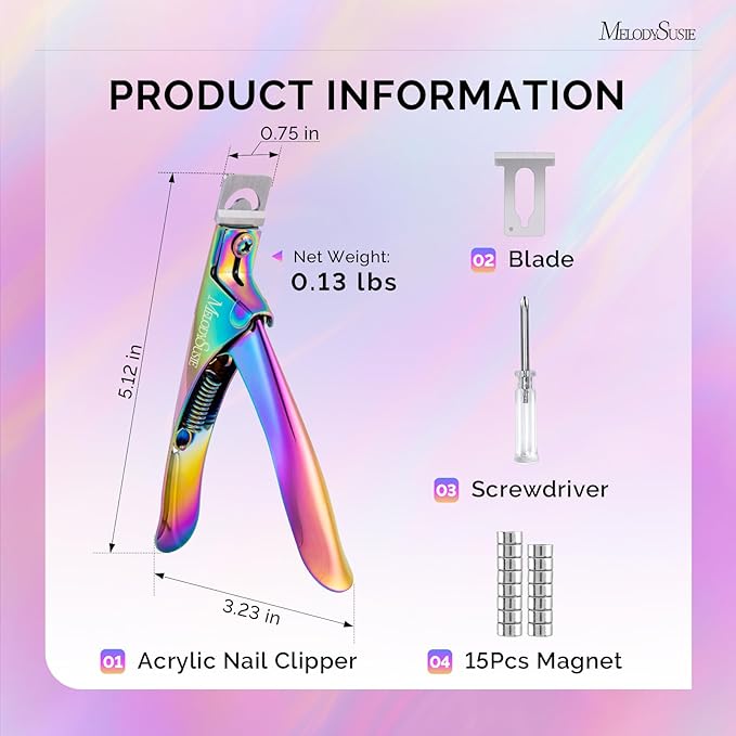 MelodySusie Acrylic Nail Clippers with 15pcs Magnet Sizers, Professional Nail Clippers Cutters for Long Acrylic Gel Nails Tips, Adjustable Stainless Nail Trimmer, Manicure Tool for Salon Home, Rainbow