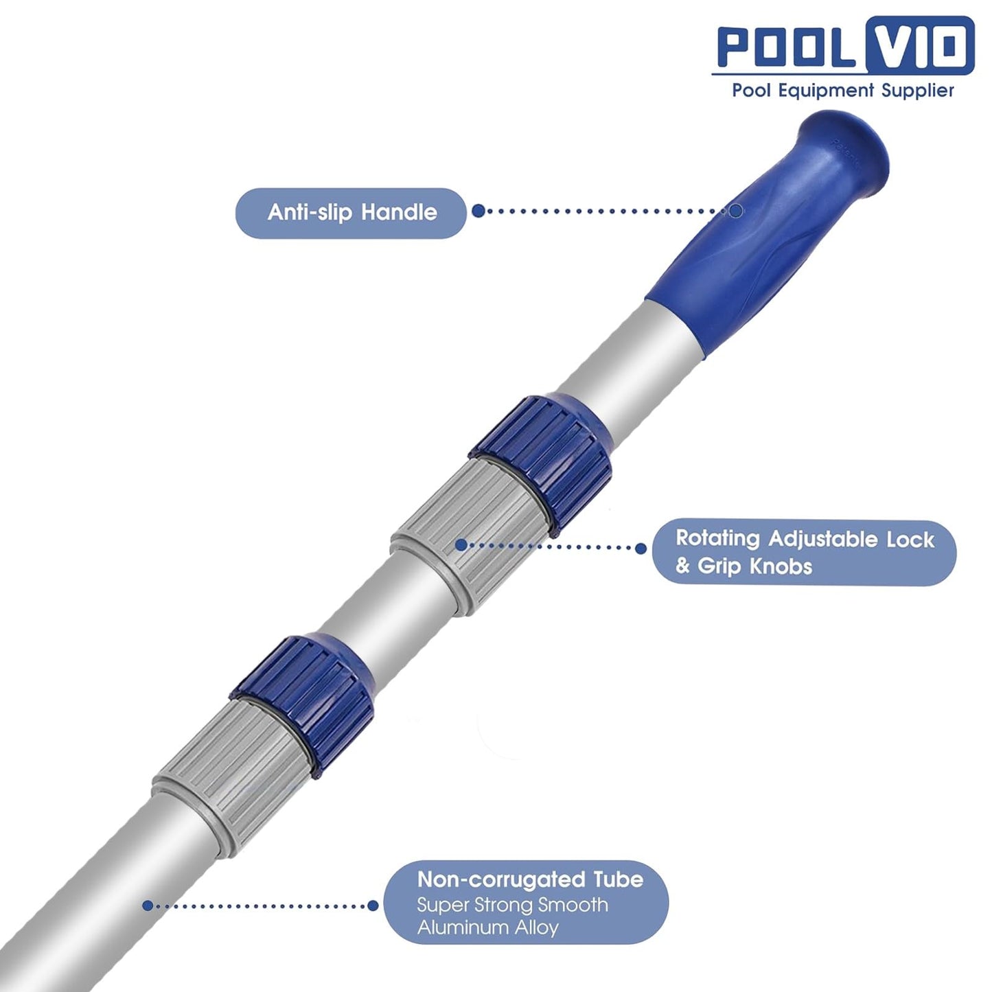 Poolvio 15 FT Telescopic Pool Pole - Adjustable 3 Piece Aluminum Pool Skimmer Pole for Pool Cleaning Skimmer Nets Vacuum Heads & Brushes, Strong Grip & Lock