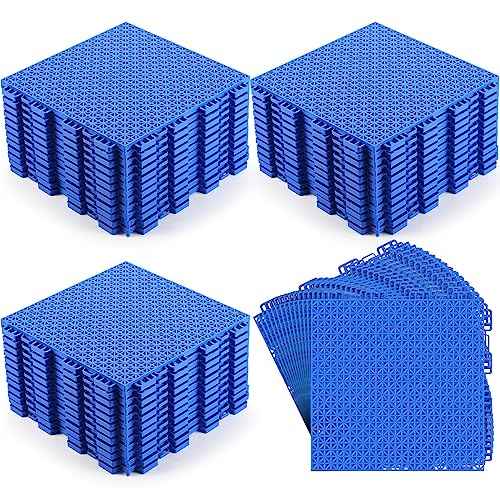 Huwena 50 Pcs Modular Interlocking Cushion Floor Tiles 10 x 10 Inch Non Slip Pool Floor Mat Blue Interlocking Rubber Draining Flooring Tiles with Hole for Drain Deck Patio Balcony Shower Kitchen