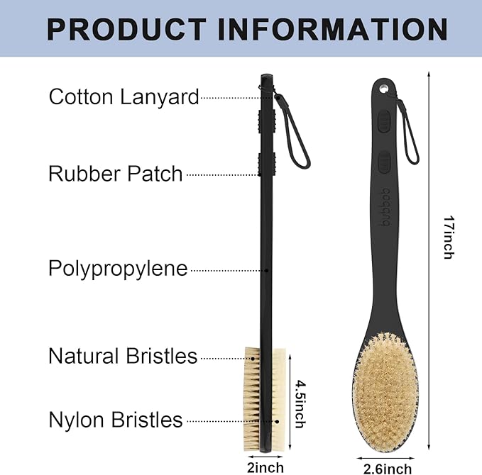 Back Scrubber for Shower with Long Handle, Exfoliating Bath Brush for Body - Double Sided Bristles (Stiff & Soft), Anti-Slip Grip, Lightweight - Gift for Seniors, Includes Lanyard & Hook,Black