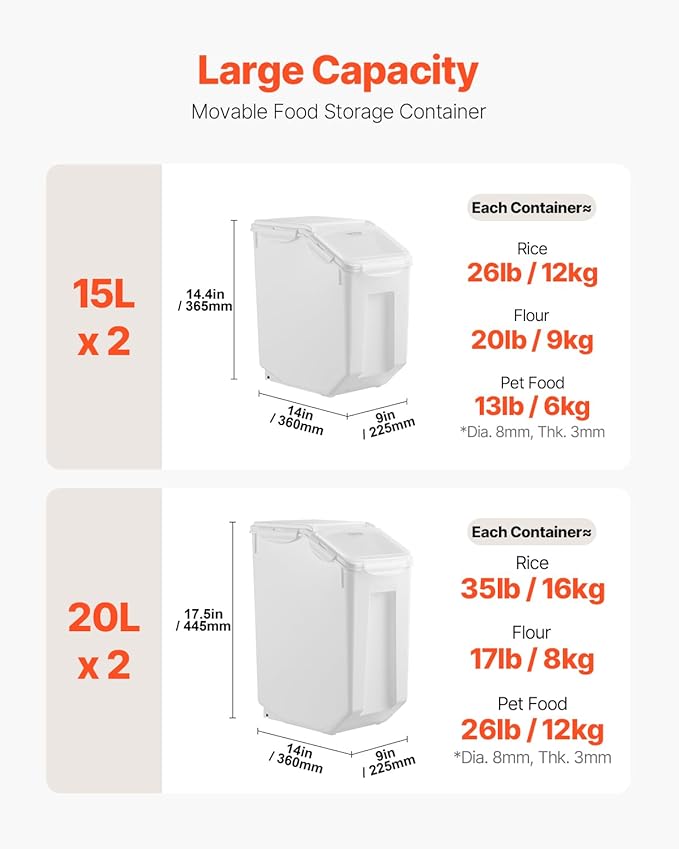 VEVOR Rice Storage Container, 3.5Gal/15Lx2 + 4.5Gal/20Lx2 Large Dog Food Dispenser Bin, Kitchen Ingredient Grain Cereal Bin, Pet food Containers with Wheels, 4 Measuring Cups, Airtight Lid, 4 Pack
