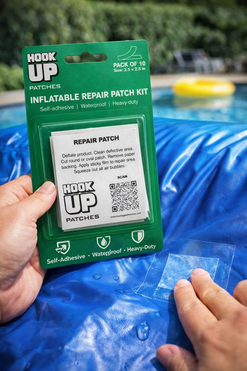 HOOK UP Inflatable Repair Patches – Heavy Duty Peel & Stick Patch Kit for Pool Floats, Air Mattresses, Inflatables & PVC – Waterproof, No Glue Needed (10 Pack) (4” x 4”, Pack of 10)
