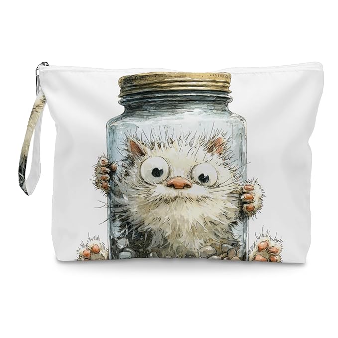 Fokongna Cute Print Wet Bag, Small Portable Waterproof Multi-Functional Organizer for Women, Cream White Jar Fluffy Cat, Ideal for Daily, Beach & Travel