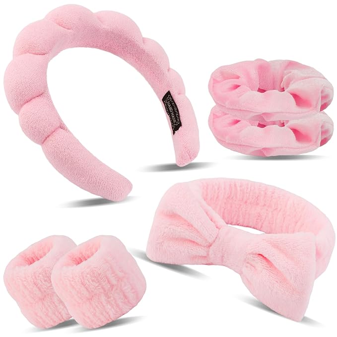 SuPoo 6pcs Pink Spa Headband and Wristband Set - Makeup Sponge Headband, Puffy Skincare Headbands, Cute Wrist Towels with Hair Ties - Teen Girl Gifts, Trendy Stuff