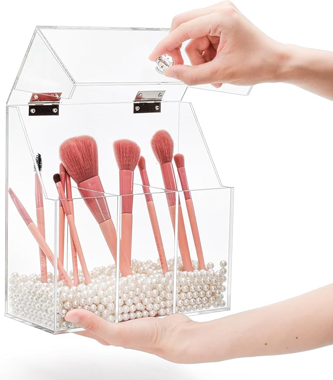 Okllen Makeup Brush Holder with Dustproof Lid, White Pearls, Acrylic Clear Makeup Brush Organizer with 3 Compartment, Large Cosmetic Brush Storage Box Case for Vanity, Bathroom, Bedroom