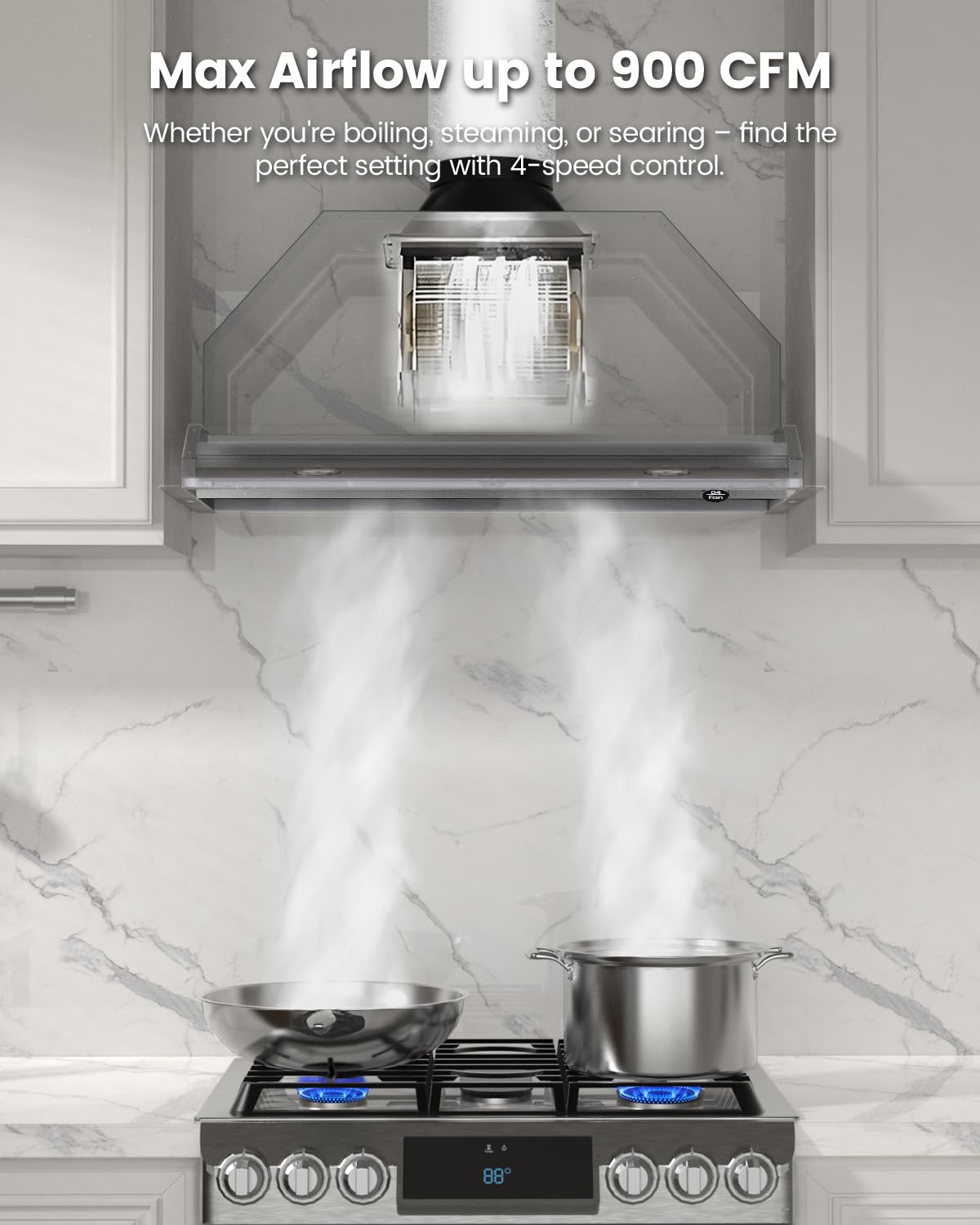 JOCO 30 Inch Range Hood Insert, 900 CFM Stainless Steel Built-In Kitchen Vent Hood, Convertible for Ducted or Ductless Installation, 4-Speed Knob Control, Model B02-30K