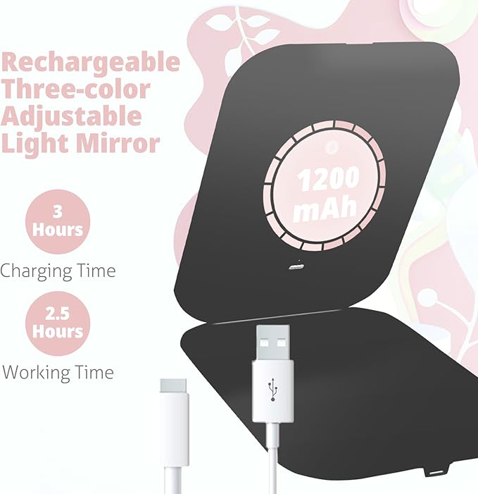 Travel Makeup Mirror, Portable Mirror with 3 Adjustable Light Settings, USB-Rechargeable Vanity Mirror with Lights, Gift for Women and Girls (Black)