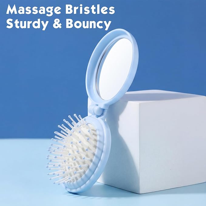 Boao 2 Pack Foldable Travel Mirror Hair Brushes Round Portable Folding Pocket Hair Brush Mini Comb Compact Travel Size Massage Comb for Men Women (Blue,Round)