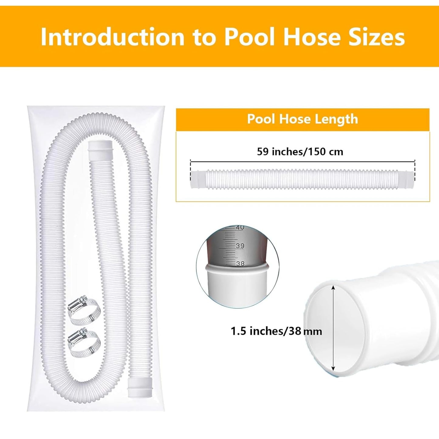 1.5" x 59" Pool Hoses for Above Ground Pools – 2-Pack Pool Pump Replacement Hose with 8 Clamps, Compatible with Intex, Coleman, Summer Waves Pool Pumps & Filters (White 2pcs-1.5“)