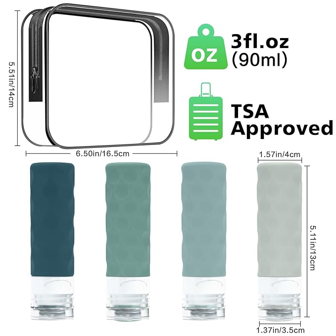 Silevoler Travel Bottles for Toiletries, 4pcs Tsa Approved 3oz Travel Size Containers, BPA Free Leak Proof Premium Silicone Bottles, Refillable Liquid Squeezable Accessories W/Toiletry Bag(Mint)