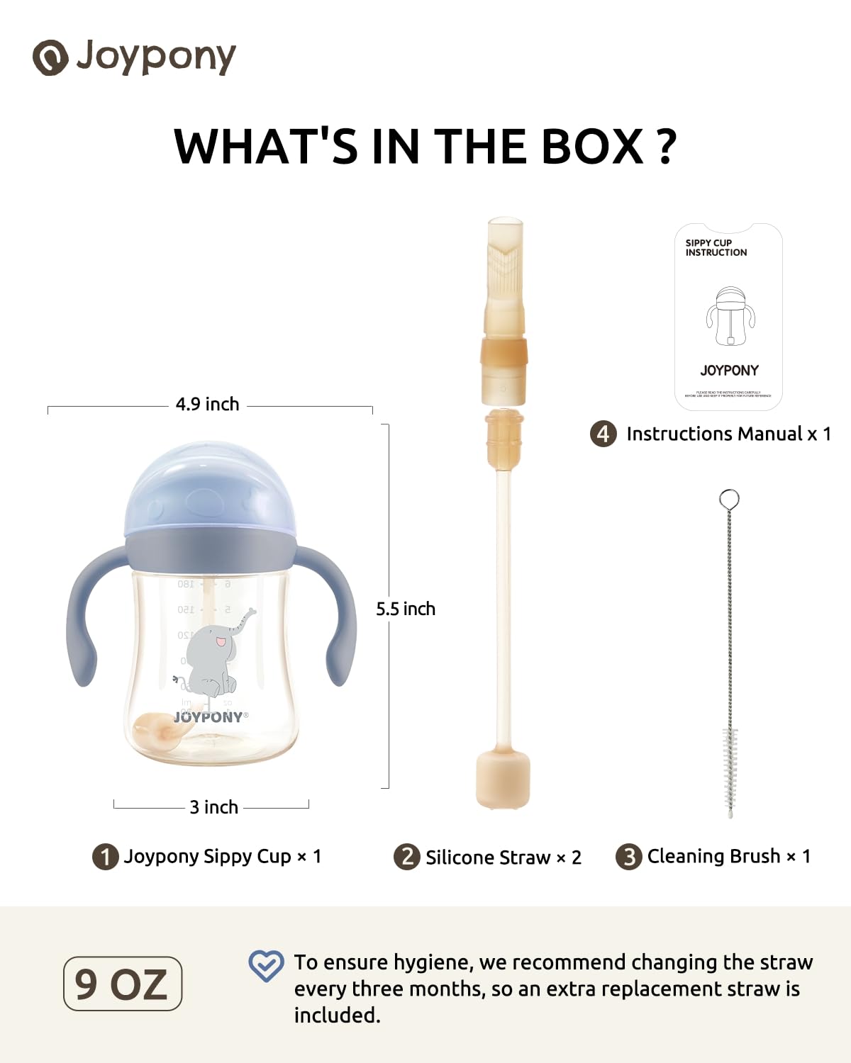 Joypony Sippy Cups for Toddlers 1-3, Spill Proof Weighted Straw Cup with Handle for Baby 6 Months + old, 2 Silicone Straws, PPSU, BPA Free, 9 oz (Blue)