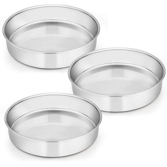 E-far 9½ Inch Cake Pan Set of 3, Stainless Steel Round Cake Baking Pans, Non-Toxic & Healthy, Mirror Finish & Dishwasher Safe