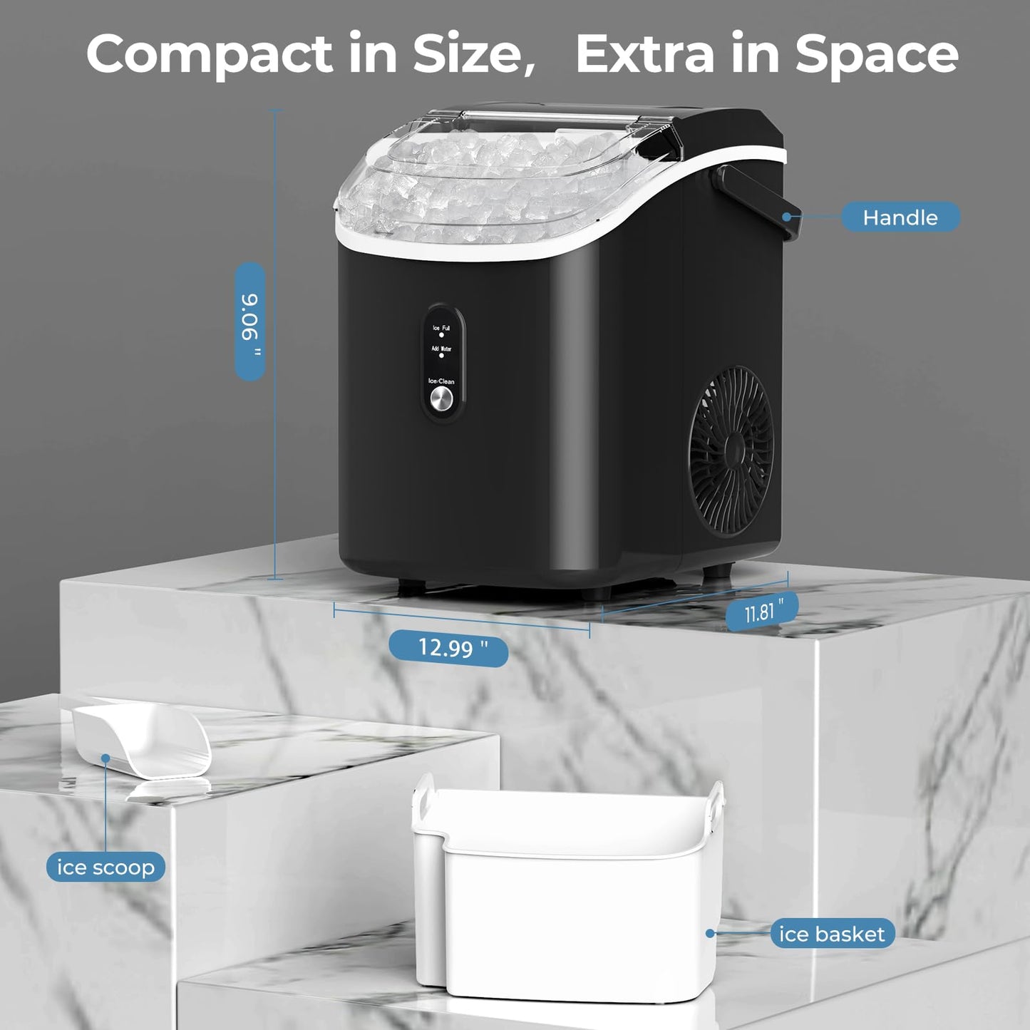Nugget Ice Makers Countertop with Soft Chewable Pellet Ice, 7 Mins Ice Making, 35.5Lbs/24Hrs, Pebble Ice Maker Machine with Self-Cleaning/Ice Basket/Ice Scoop for Home/Office/Bar, Black