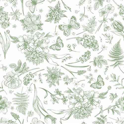 Peel and Stick Wallpaper Floral White Green Flower Contact Paper Butterfly Boho 78.7" x 17.3" Removable Wallpaper Self-Adhesive for Bedroom Waterproof Shelf Liner Decal Vinyl Roll